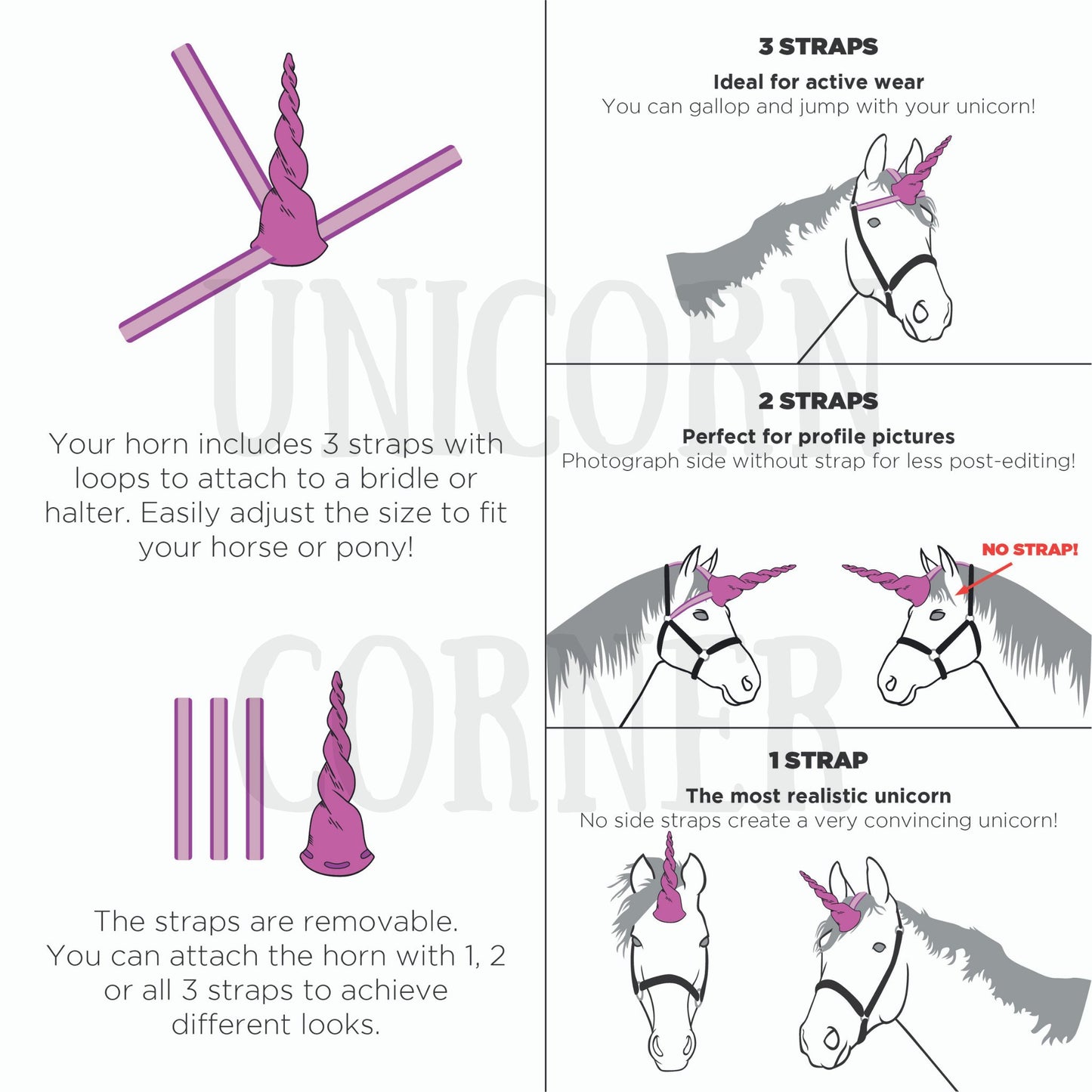 Unicorn Horn for Horses with Adjustable Straps / 12 inch horn